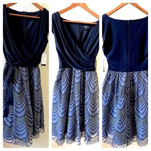 SLNY dress with glitter detail on skirt. Optional ribbon belt